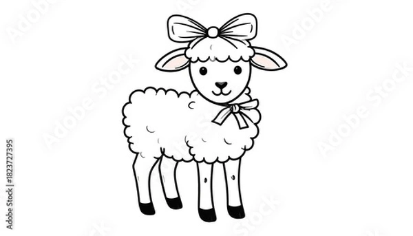 Obraz Adorable cartoon sheep with a bow on its head, isolated on white