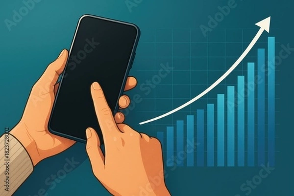 Fototapeta Mobile growth analytics with upward trend graph and hand holding phone