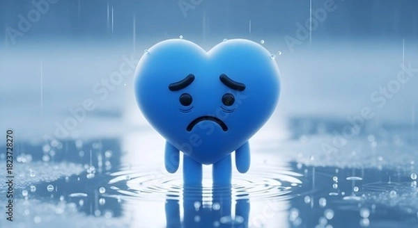 Obraz Sad blue heart character standing in rain puddles crying water