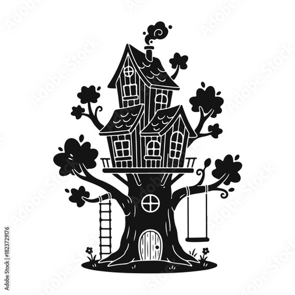 Fototapeta Cartoon treehouse with wooden platform, ladder and playful bright details in a friendly fantasy style. Cartoon treehouse, kids treehouse, cute house, fantasy home, wooden treehouse