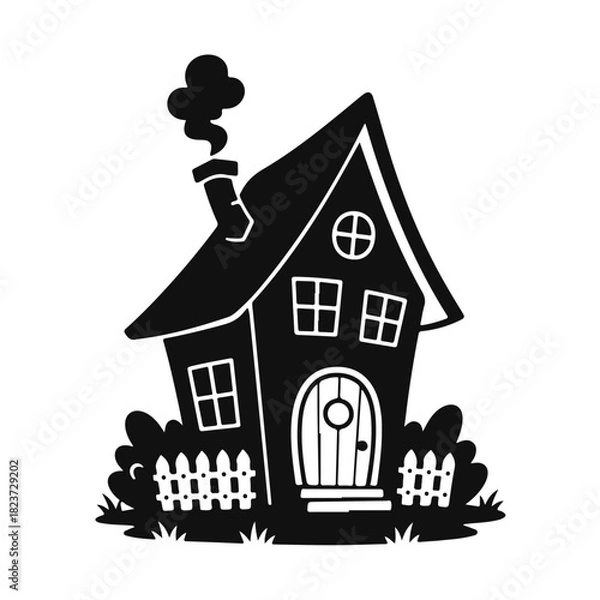 Obraz Cartoon house with bright details and a playful cozy look in a simple cheerful style. Cartoon house, cute house, cozy cottage, funny house, children's illustration