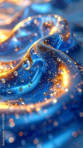 Fototapeta Close-up of glossy blue fabric with tiny drops of water