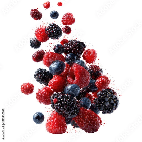 Fototapeta Flying berries raspberries, blueberries, blackberries in dynamic cascade