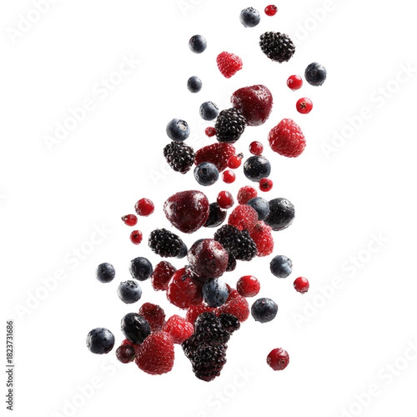 Fototapeta Assorted berries float midair, cherries, raspberries, dark background