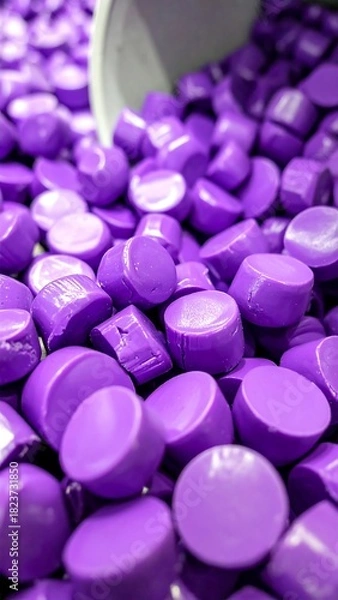Fototapeta Close-up of glossy, cylindrical purple objects spilling from a container