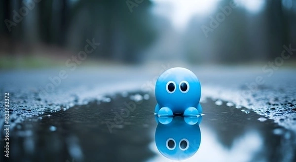 Obraz Small blue toy creature with big eyes sits in a puddle round toy reflection
