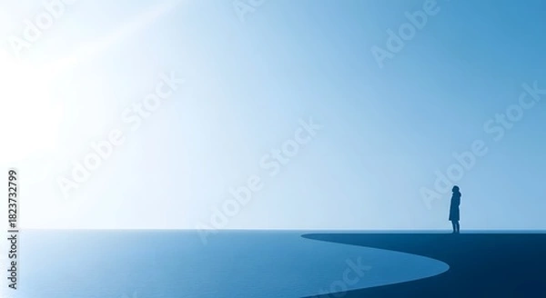 Obraz Solitary figure stands on dark shore overlooking calm blue ocean and bright sky silhouette