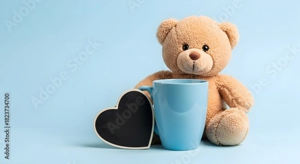 Obraz Teddy bear with blue mug and heart shaped chalkboard on blue background stuffed animal