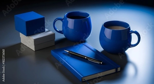 Obraz Two blue mugs of coffee beside a blue notebook and pen image