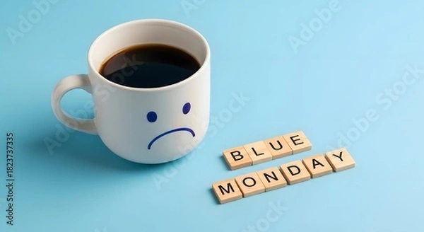 Obraz White coffee mug with sad face and blue monday tiles image