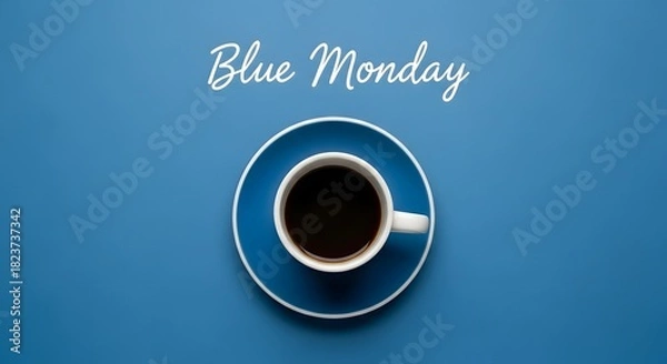 Obraz White coffee cup with dark coffee on blue saucer and blue background image