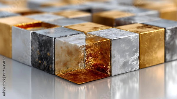 Obraz Macro view of metallic gold and silver textured cubes arranged in a geometric pattern with reflective surfaces and an open glowing cube revealing vivid golden interior, luxury abstract design
