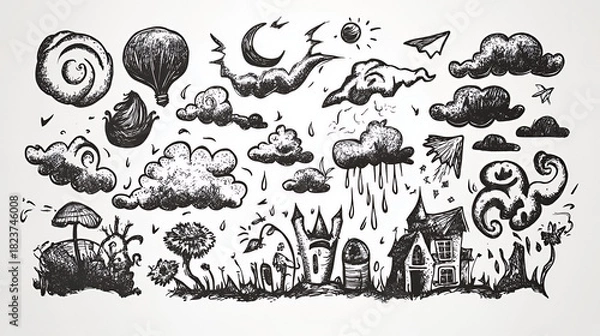Obraz Hand-drawn whimsical illustration of clouds, houses, and nature elements