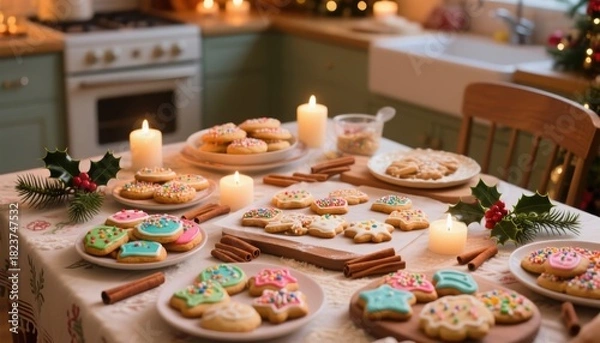 Fototapeta Delicious homemade Christmas cookies with colorful icing and sprinkles. Holiday baking and festive decoration for a winter celebration.