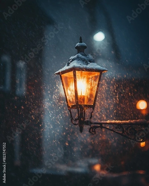 Obraz Vintage street lamp glowing warmly in heavy snowfall at night