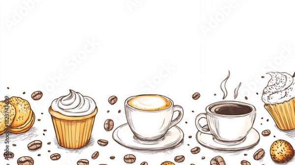 Obraz Coffee and pastries illustration with cupcakes, coffee cups, and beans