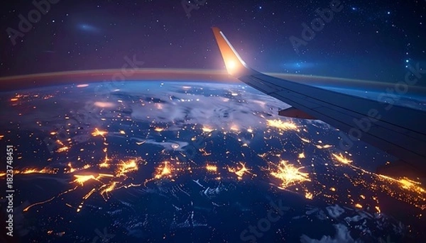 Obraz Aerial view of Earth at night, lights twinkling below, airplane wing in frame, seen from the sky