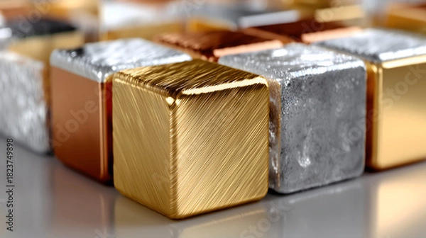 Obraz Macro shot of brushed gold, polished copper and textured silver metallic cubes arranged in a geometric pattern with reflective surfaces, luxury abstract metal design with rich surface details
