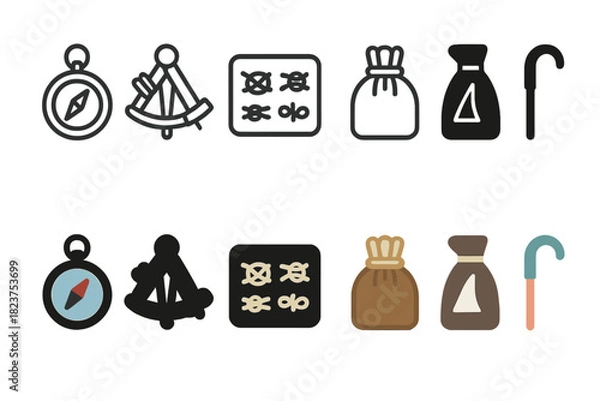 Fototapeta Sailing Tools Icons. Linear minimalistic sailing tools icon: compass, sextant, knot chart, rope bag, sail bag, boathook with