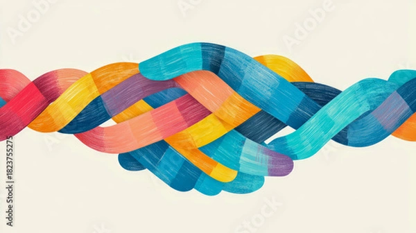 Fototapeta Colorful abstract composition of interlocking textured brushstroke-like bands flowing horizontally, evoking connection and harmony against light background