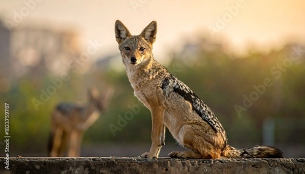 Obraz Alert jackal perches on a wall, looking at the viewer, with another jackal blurred in background against soft sunset light