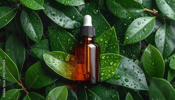 Obraz An amber glass bottle with a dropper is nestled among lush green leaves adorned with glistening water droplets