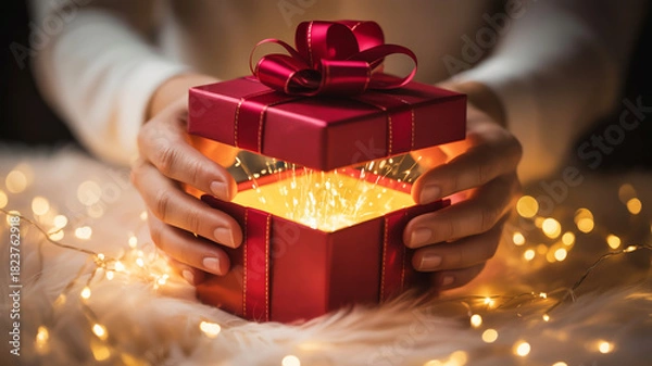 Fototapeta Hands holding open a glowing red gift box with christmas lights
