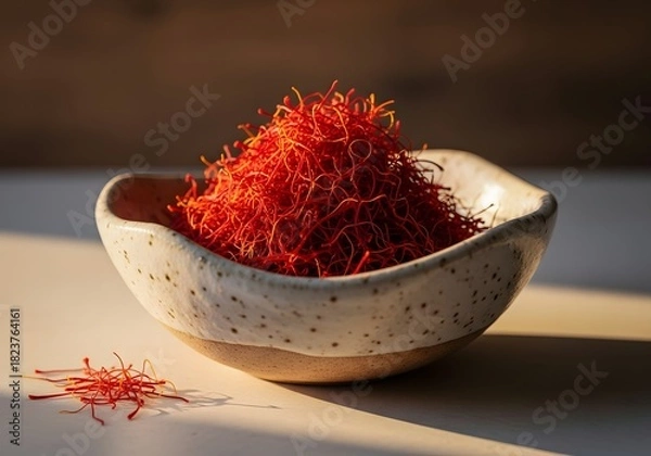 Fototapeta Premium Saffron Threads in Rustic Ceramic Bowl