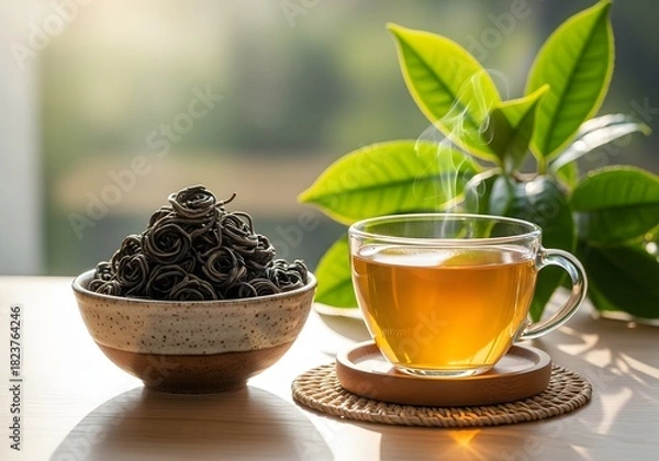 Fototapeta Steaming Hot Tea with Dried Oolong Leaves and Greenery