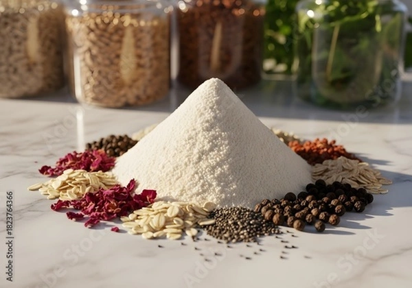 Fototapeta Assorted Baking Ingredients and Spices on Marble Counter