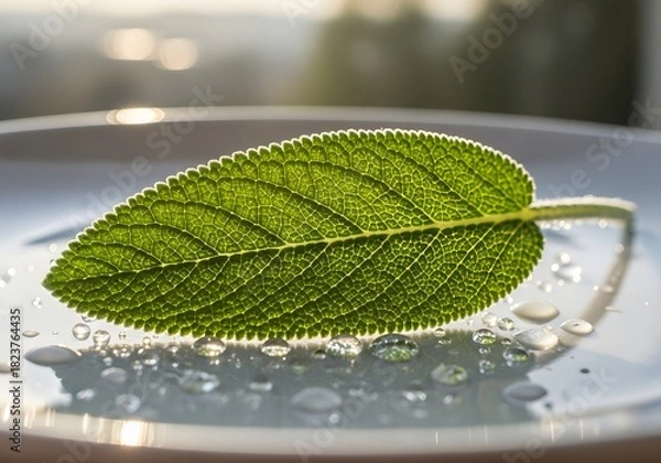 Fototapeta Backlit Sage Leaf with Dew Drops