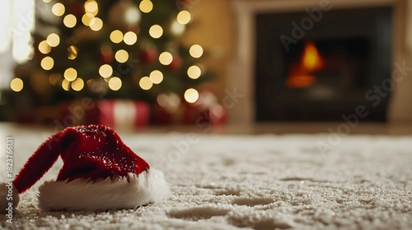 Fototapeta A Santa hat lies on the snowy floor of a room, against the backdrop of a decorated Christmas tree and a burning fireplace