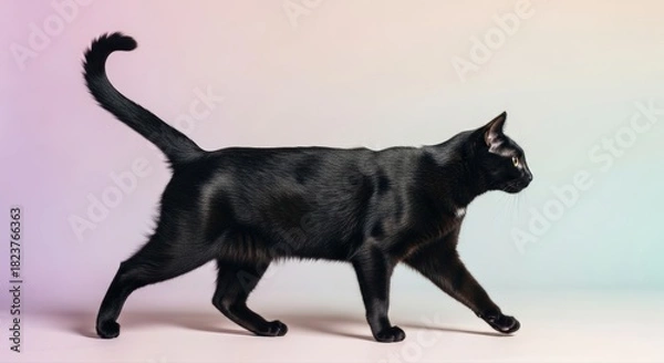 Fototapeta Black cat gracefully walks across a gradient pastel background, its sleek fur and vibrant yellow eyes creating a captivating, elegant studio portrait