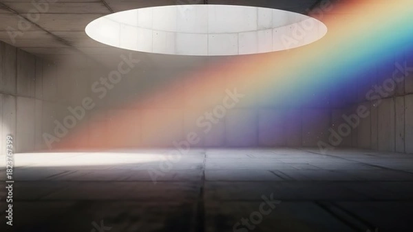 Obraz 天窓から差し込む虹色の光が静かに照らすコンクリート空間の幻想的な情景