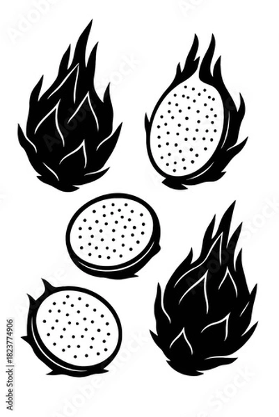 Fototapeta Monochromatic Dragon Fruit Vector Art: Sleek, minimalist black and white illustration of pitaya. Halved fruits reveal intricate seed patterns; stylized whole silhouettes on dark background.
