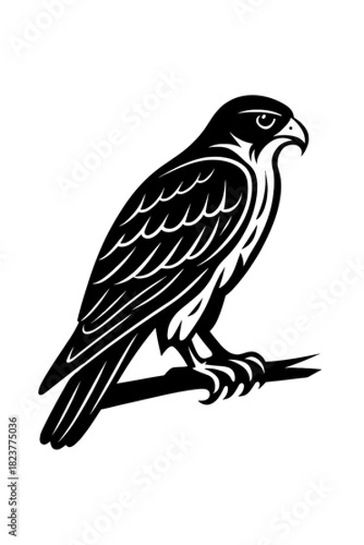 Fototapeta Striking black and white stylized illustration of a majestic falcon or hawk perched with powerful presence, featuring sharp details and a minimalist graphic design, ideal for iconic logos, emblems
