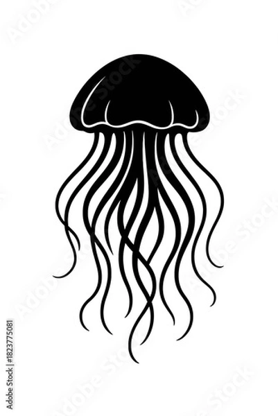 Fototapeta Dark mysterious jellyfish silhouette, flowing tentacles, gray gradient backdrop. Abstract deep-sea enigma art. Minimalist, tranquil, sophisticated visual for modern decorative and contemplative space