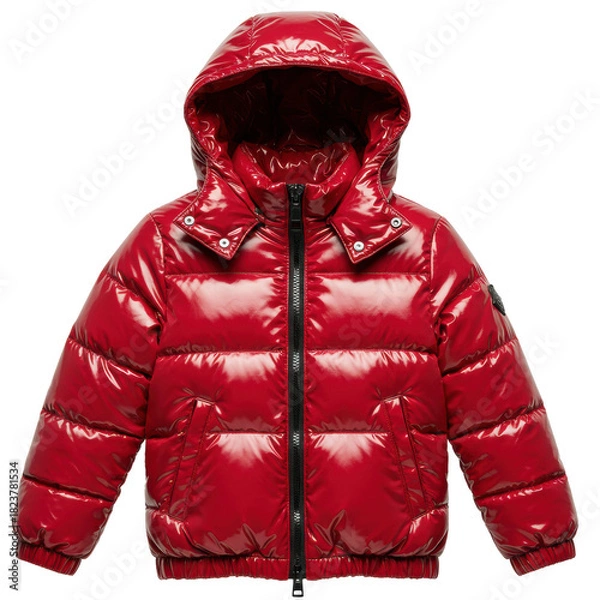 Fototapeta A high-loft children's cherry red glossy nylon puffer jacket with matte black zippers, isolated on a transparent background, showcasing macro fabric details. Concept for luxury apparel e-commerce