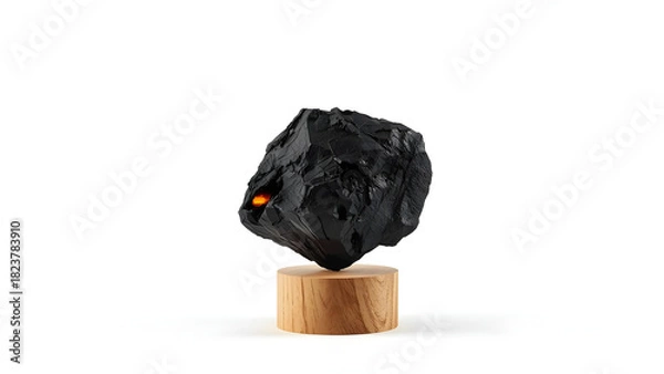 Obraz Close-up charcoal piece on wooden pedestal, detailed black texture on clean white background, soft lighting, high contrast, professional commercial style for product, craft, and material visuals.