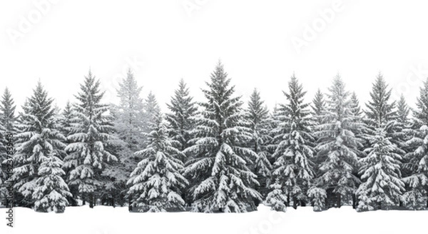 Fototapeta Panoramic sculptural line of snow-covered evergreen trees (scots pine, white spruce), textured with hoarfrost, against a high-key transparent studio background. Elegant winter holiday border