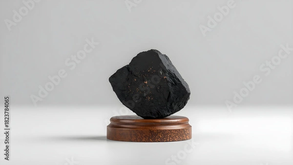Obraz Close-up charcoal piece on wooden pedestal, detailed black texture on clean white background, soft lighting, high contrast, professional commercial style for product, craft, and material visuals.