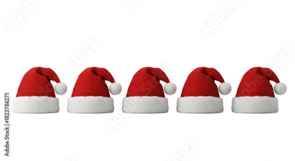 Fototapeta Six identical crimson velvet santa hats with white faux fur trim in a line, sharp focus on plush texture, against a high-key transparent studio backdrop. Luxurious christmas product display
