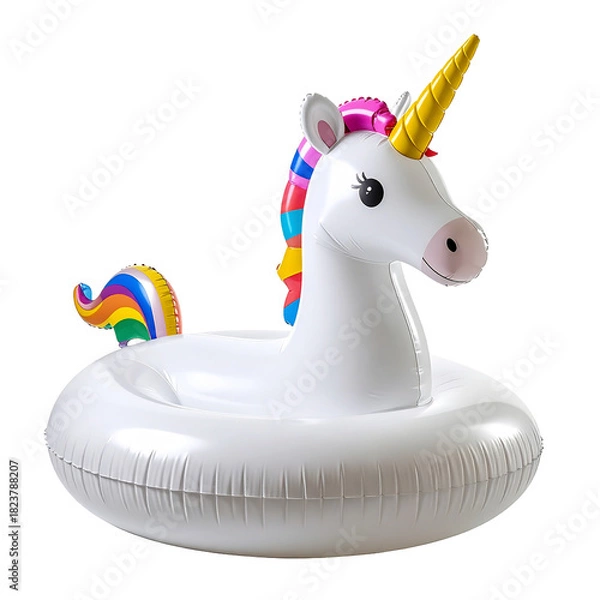 Fototapeta Fantasy Pool Float: A whimsical inflatable unicorn, a symbol of magic and joy, ready to enhance the summer leisure with vibrant colors and enchanting charm.