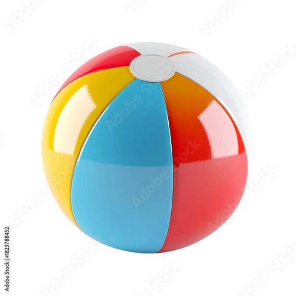 Fototapeta Colorful Beach Ball: A vibrant beach ball with its iconic rainbow pattern sits, ready for summer fun, evoking the spirit of play and leisure.