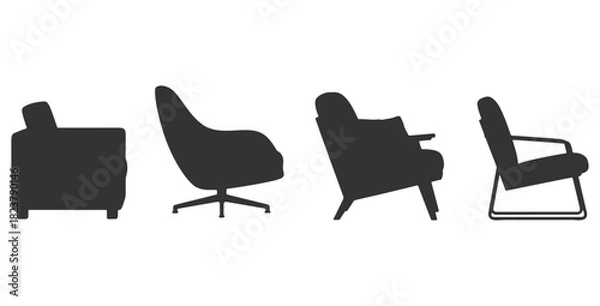 Obraz CAD drawings of multiple modern armchair silhouette designs in side view — minimalist block armchair, curved contemporary armchair, cushioned lounge armchair. Vector illustration