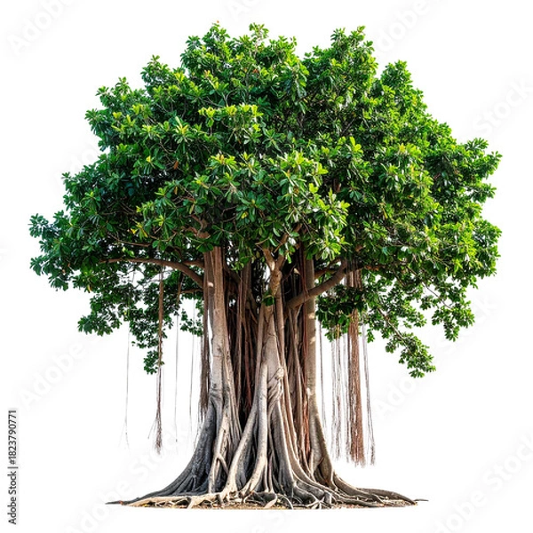 Obraz Majestic Banyan Tree: A captivating view of a magnificent banyan tree, showcasing its expansive canopy, aerial roots, and robust trunk. A symbol of strength, longevity, and natural wonder.