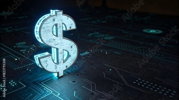 Fototapeta Futuristic dollar symbol glowing on a circuit board background, representing digital currency and financial technology trends in the modern age of banking