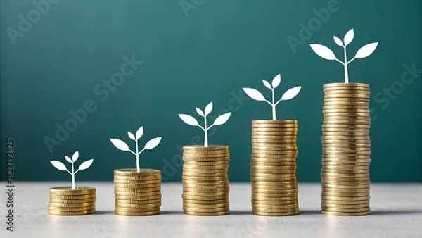 Fototapeta Visualize your financial growth with this appealing chart showcasing coin stacks and plant growth, perfect for investment or business ideas