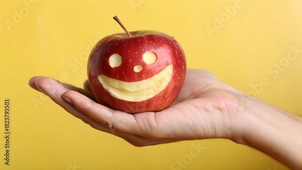 Fototapeta Hand holding a happy red apple with a carved smile on a bright yellow backdrop makes healthy eating fun and appealing for kids and families