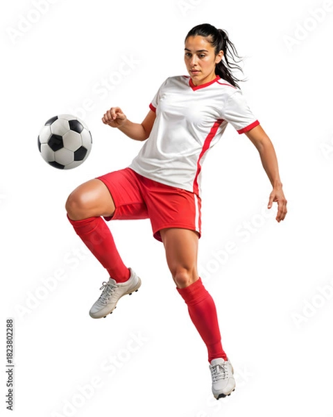 Obraz Pro female soccer player doing a ball control on isolated background